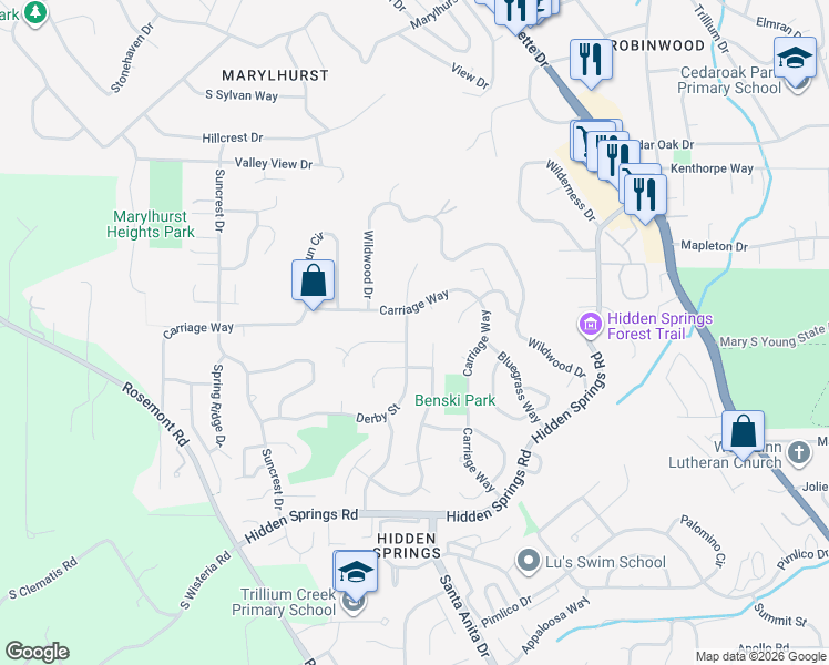 map of restaurants, bars, coffee shops, grocery stores, and more near 2765 Carriage Way in West Linn