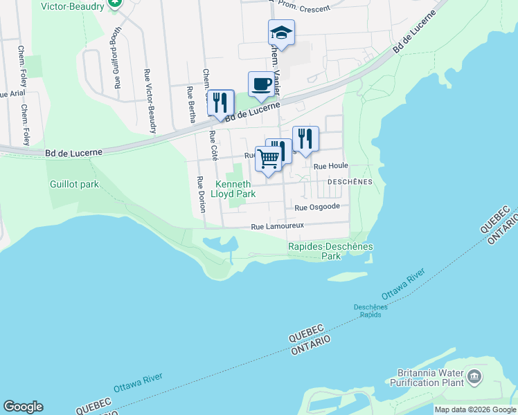 map of restaurants, bars, coffee shops, grocery stores, and more near 11 Rue Lloyd in Gatineau