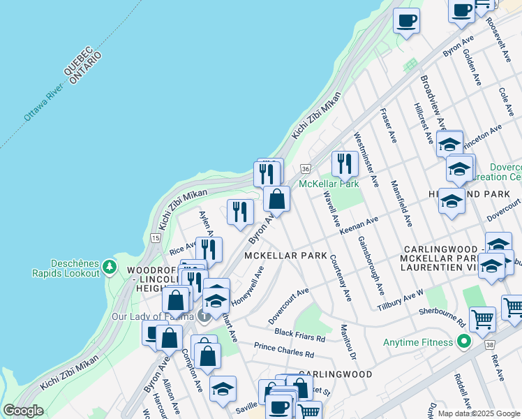 map of restaurants, bars, coffee shops, grocery stores, and more near 75 Cleary Avenue in Ottawa