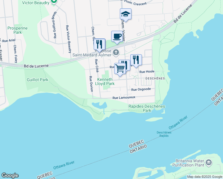 map of restaurants, bars, coffee shops, grocery stores, and more near 5 Rue Lloyd in Gatineau