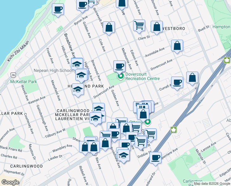 map of restaurants, bars, coffee shops, grocery stores, and more near 657 Golden Avenue in Ottawa