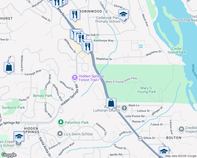 map of restaurants, bars, coffee shops, grocery stores, and more near 19885 Willamette Drive in West Linn