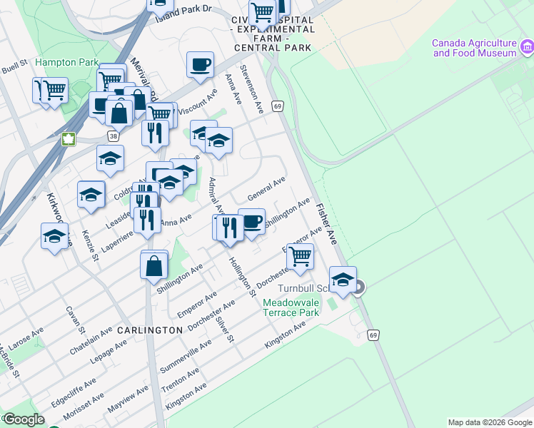 map of restaurants, bars, coffee shops, grocery stores, and more near 975 Sheridan Avenue in Ottawa