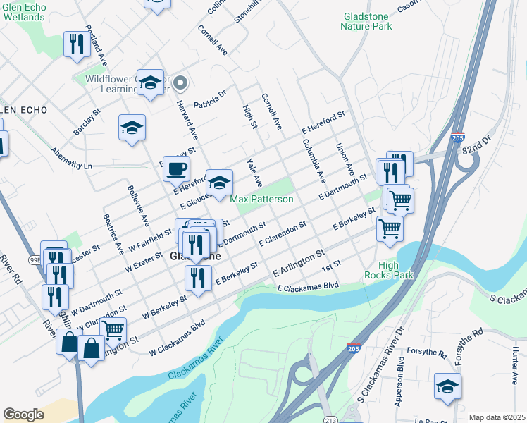 map of restaurants, bars, coffee shops, grocery stores, and more near 365 East Exeter Street in Gladstone