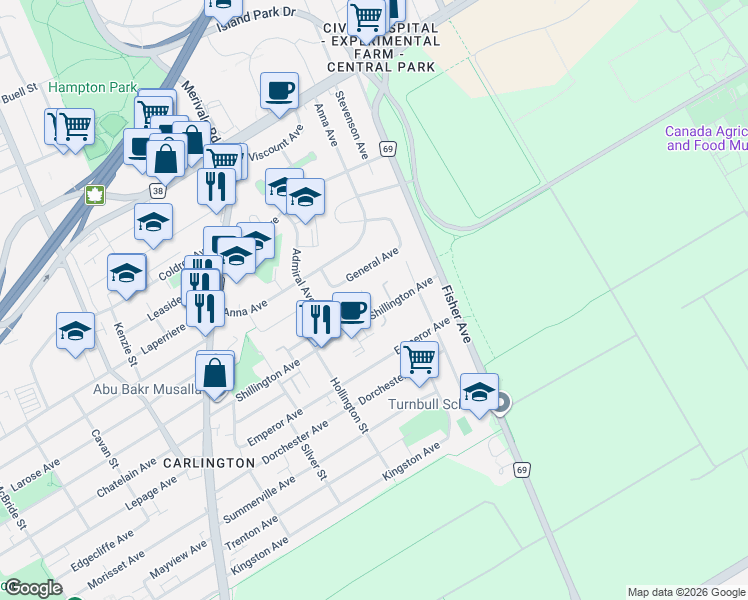 map of restaurants, bars, coffee shops, grocery stores, and more near 975 Sheridan Avenue in Ottawa