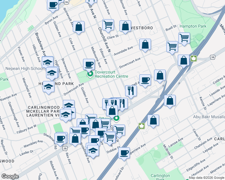 map of restaurants, bars, coffee shops, grocery stores, and more near 687 Melbourne Avenue in Ottawa