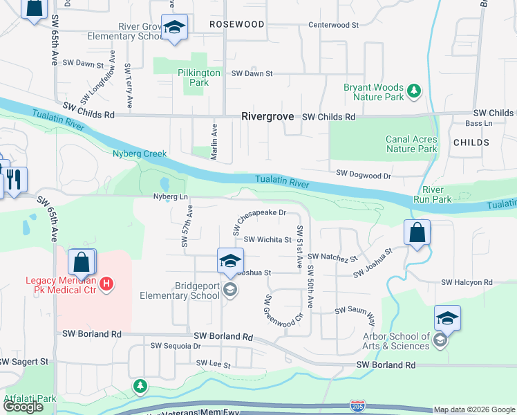 map of restaurants, bars, coffee shops, grocery stores, and more near 19071 Southwest Chesapeake Drive in Tualatin