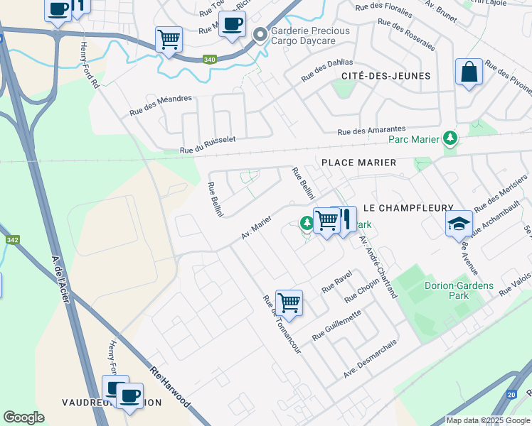 map of restaurants, bars, coffee shops, grocery stores, and more near 1057 Avenue Marier in Vaudreuil-Dorion