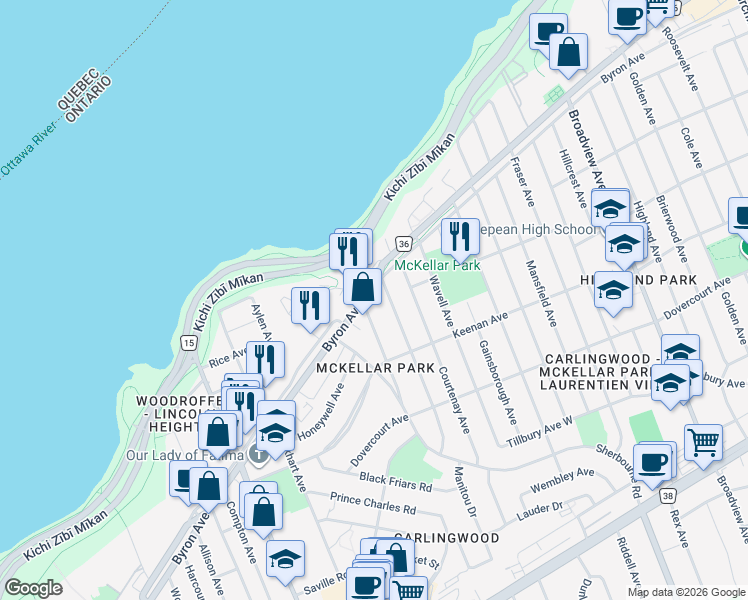 map of restaurants, bars, coffee shops, grocery stores, and more near in Ottawa