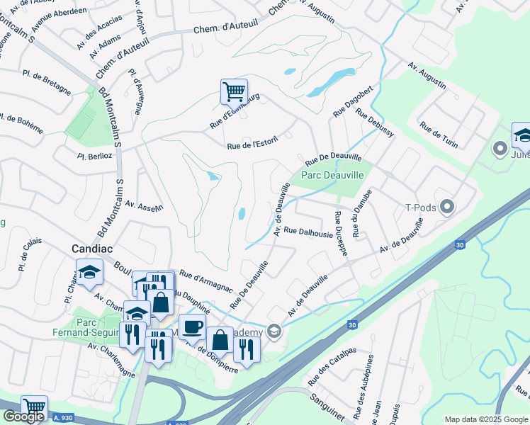 map of restaurants, bars, coffee shops, grocery stores, and more near 5 Rue Duchâtel in Candiac
