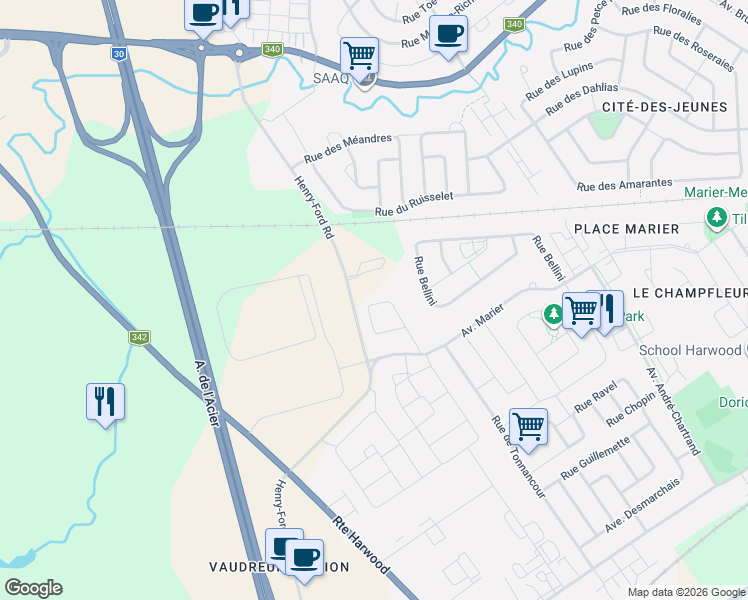 map of restaurants, bars, coffee shops, grocery stores, and more near 168 Rue Eve-Cournoyer in Vaudreuil-Dorion
