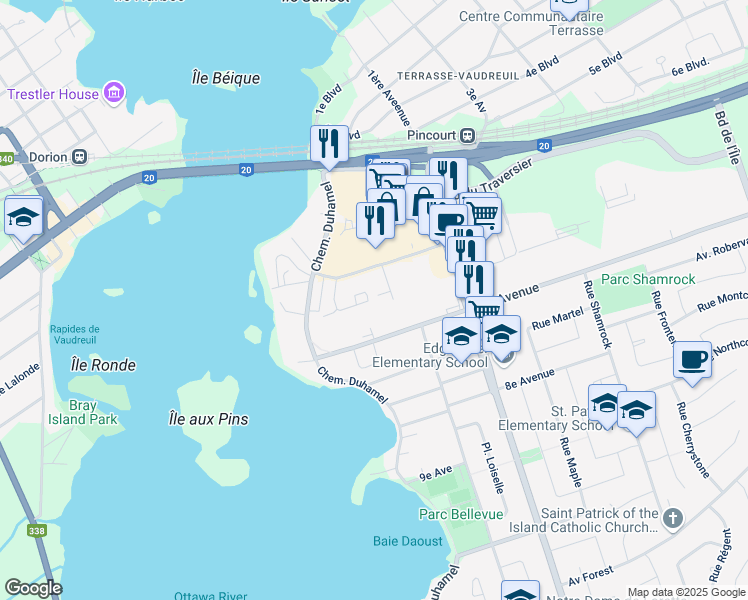 map of restaurants, bars, coffee shops, grocery stores, and more near 91 Avenue de la Promenade in Pincourt