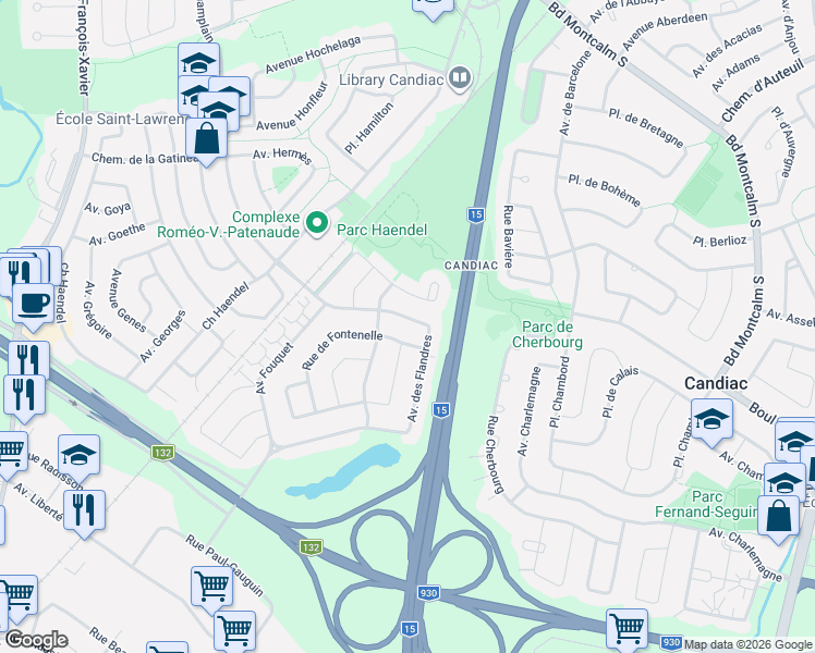 map of restaurants, bars, coffee shops, grocery stores, and more near 28 Avenue des Flandres in Candiac