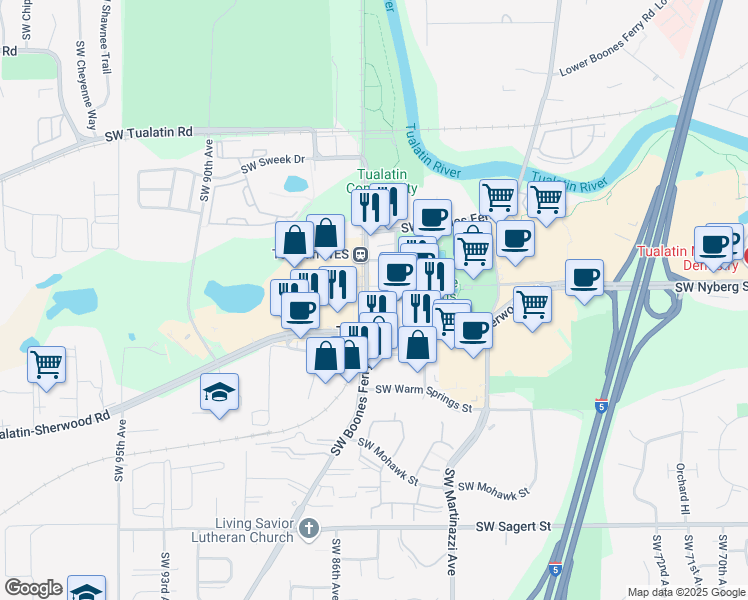 map of restaurants, bars, coffee shops, grocery stores, and more near 19060 Southwest Boones Ferry Road in Tualatin