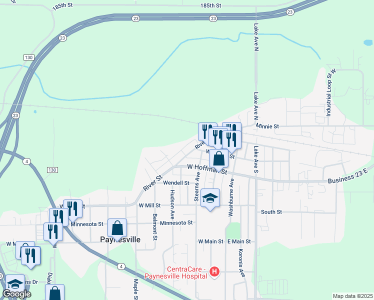 map of restaurants, bars, coffee shops, grocery stores, and more near 206 River Street in Paynesville