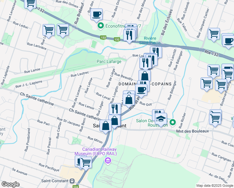 map of restaurants, bars, coffee shops, grocery stores, and more near 56 Rue Longtin in Saint-Constant