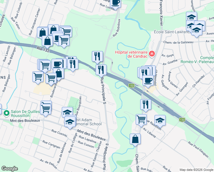 map of restaurants, bars, coffee shops, grocery stores, and more near 6 Rue Principale Sud in Delson