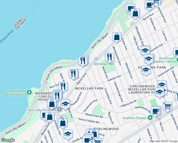 map of restaurants, bars, coffee shops, grocery stores, and more near in Ottawa