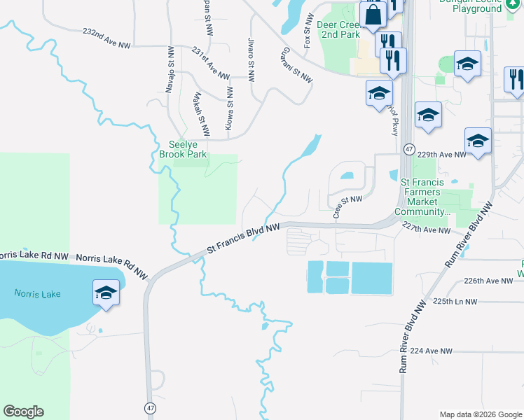 map of restaurants, bars, coffee shops, grocery stores, and more near 4251-4399 230th Avenue Northwest in Saint Francis