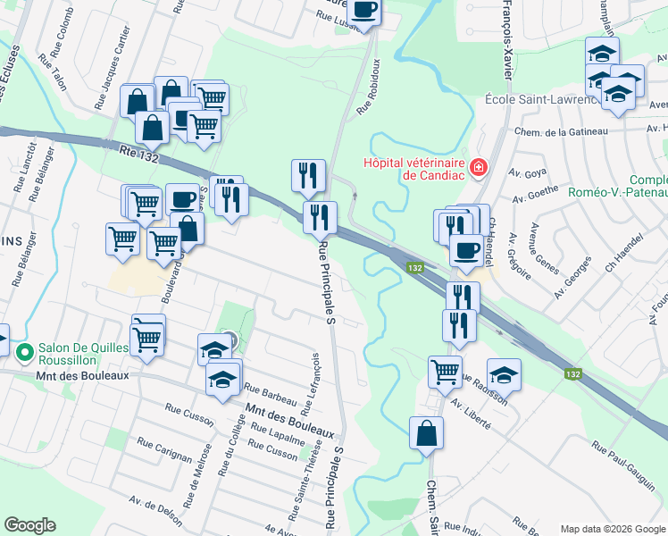 map of restaurants, bars, coffee shops, grocery stores, and more near 6 Rue Principale Sud in Delson