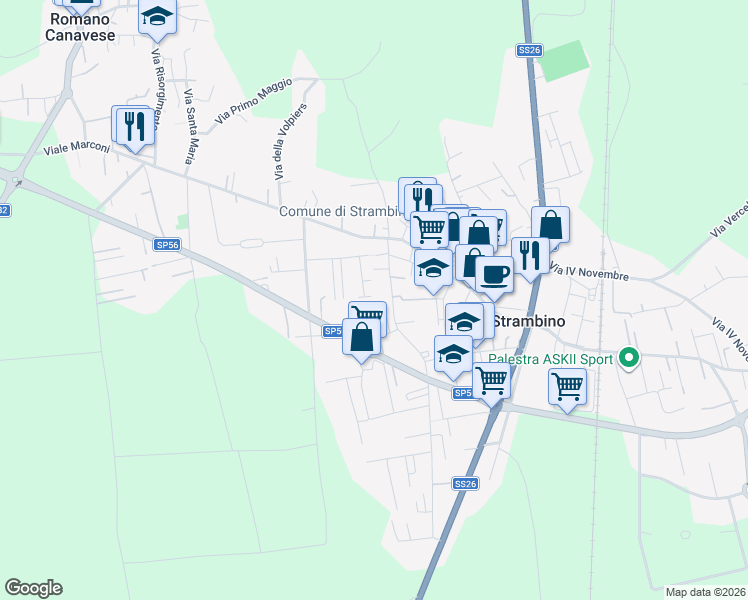 map of restaurants, bars, coffee shops, grocery stores, and more near 66 Via Guido Gozzano in Strambino