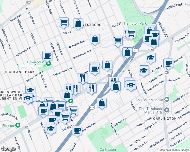 map of restaurants, bars, coffee shops, grocery stores, and more near in Ottawa
