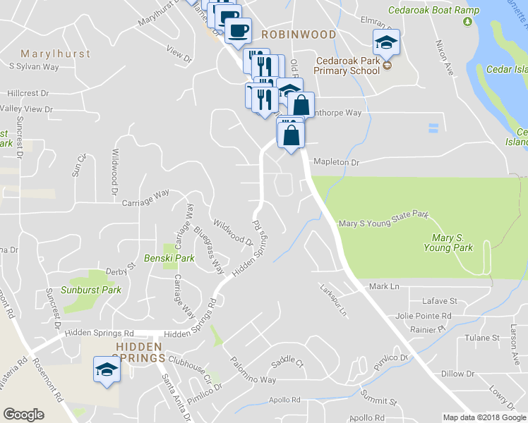map of restaurants, bars, coffee shops, grocery stores, and more near 19630 Hidden Springs Road in West Linn