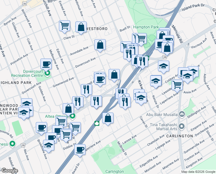 map of restaurants, bars, coffee shops, grocery stores, and more near 1525 Carling Avenue in Ottawa