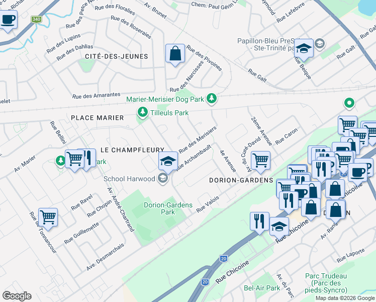 map of restaurants, bars, coffee shops, grocery stores, and more near 210 Rue des Merisiers in Vaudreuil-Dorion