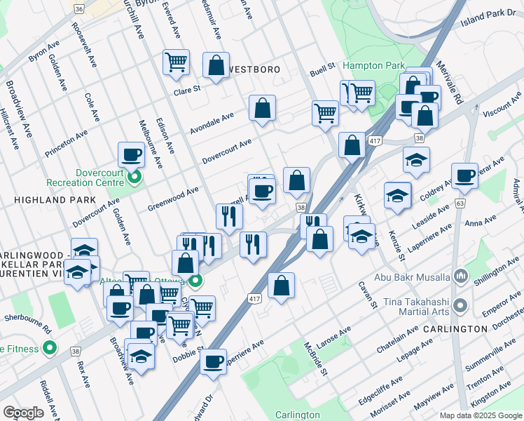 map of restaurants, bars, coffee shops, grocery stores, and more near 1545 Carling Avenue in Ottawa
