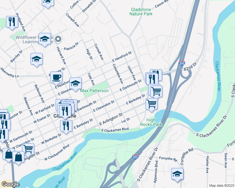 map of restaurants, bars, coffee shops, grocery stores, and more near 525 East Dartmouth Street in Gladstone