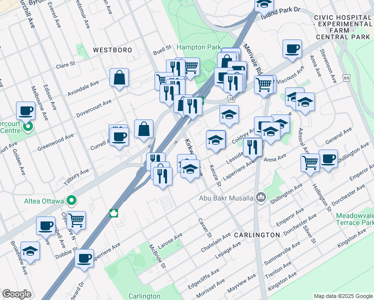 map of restaurants, bars, coffee shops, grocery stores, and more near 838 Kirkwood Avenue in Ottawa