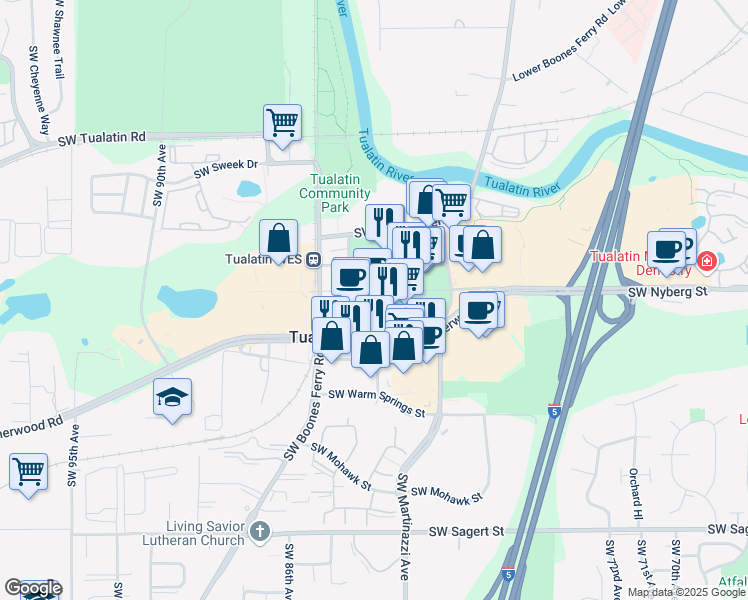 map of restaurants, bars, coffee shops, grocery stores, and more near 8294 Southwest Nyberg Street in Tualatin