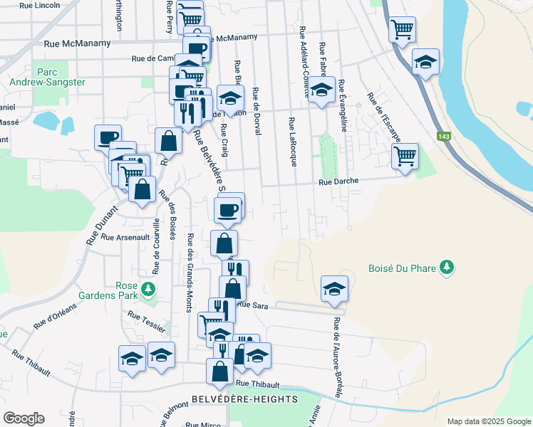 map of restaurants, bars, coffee shops, grocery stores, and more near 1580 Rue de Dorval in Sherbrooke