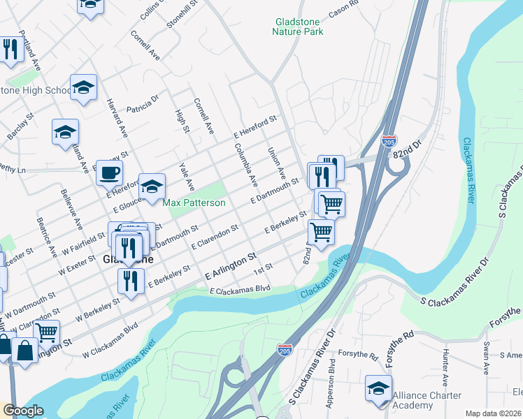 map of restaurants, bars, coffee shops, grocery stores, and more near 580 East Clarendon Street in Gladstone