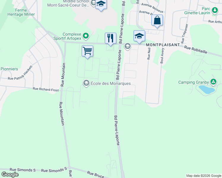 map of restaurants, bars, coffee shops, grocery stores, and more near 576 Rue du Mont-Brome in Granby