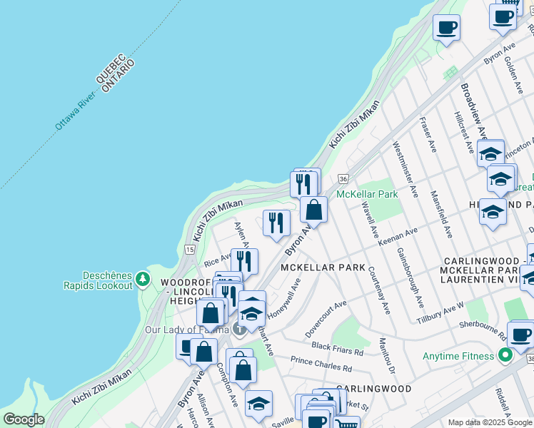 map of restaurants, bars, coffee shops, grocery stores, and more near 30 Cleary Avenue in Ottawa