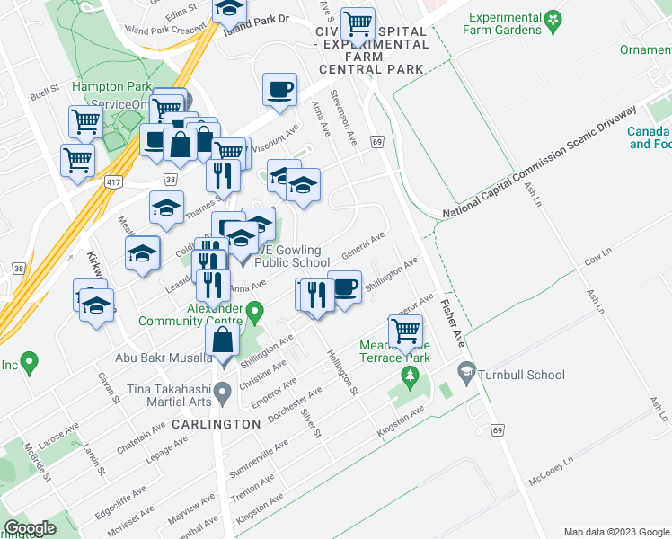map of restaurants, bars, coffee shops, grocery stores, and more near 224 General Avenue in Ottawa