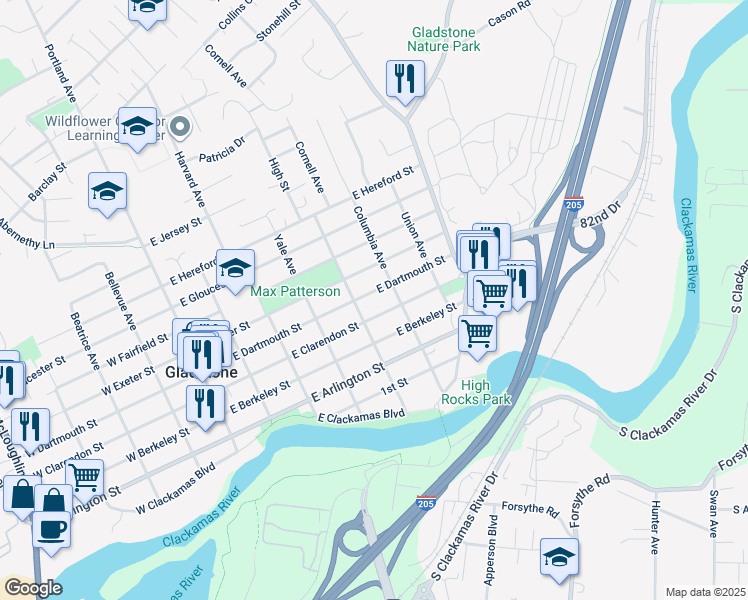 map of restaurants, bars, coffee shops, grocery stores, and more near 525 East Dartmouth Street in Gladstone