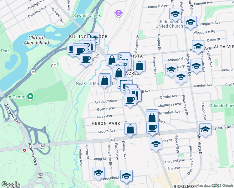 map of restaurants, bars, coffee shops, grocery stores, and more near 1174 Rockingham Avenue in Ottawa