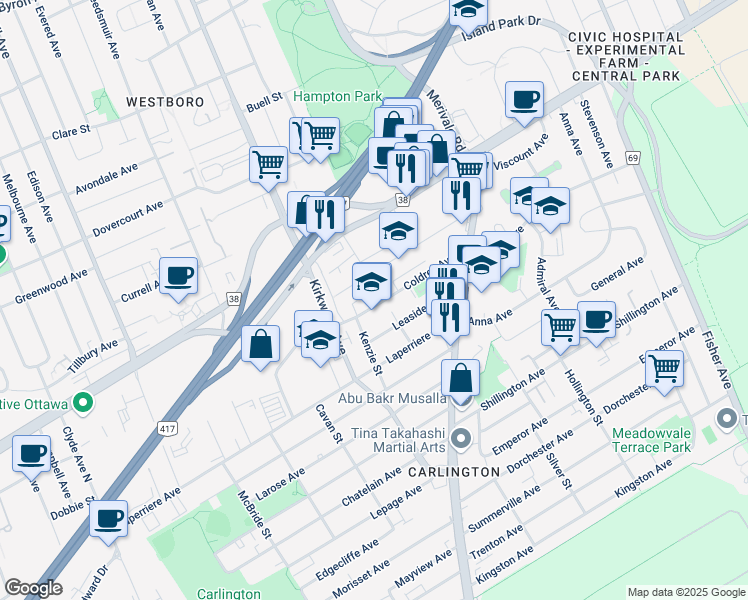 map of restaurants, bars, coffee shops, grocery stores, and more near 1335 Coldrey Avenue in Ottawa