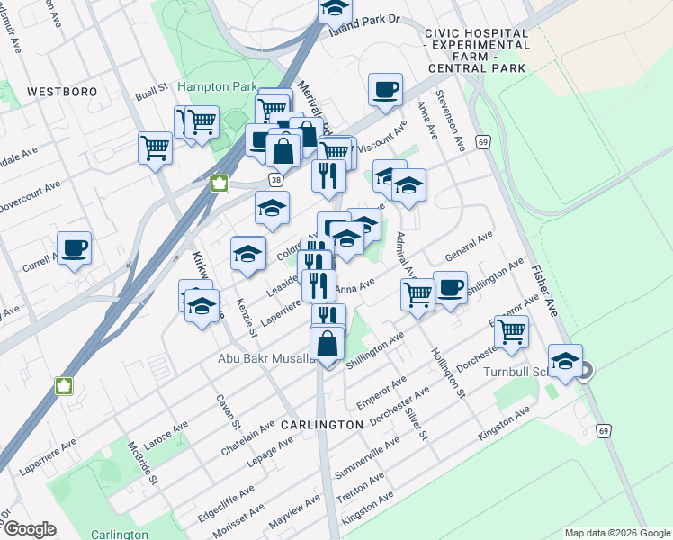 map of restaurants, bars, coffee shops, grocery stores, and more near 250 Anna Avenue in Ottawa