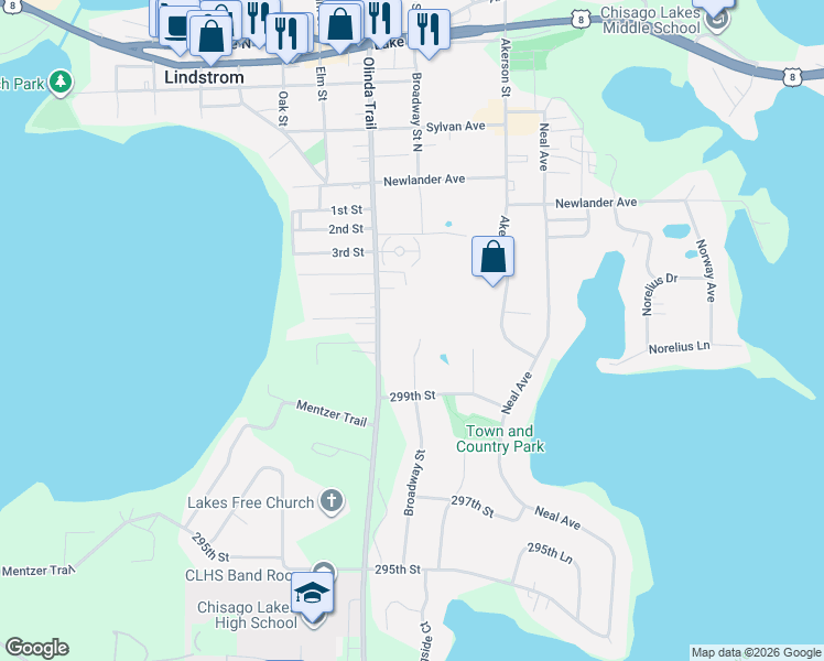 map of restaurants, bars, coffee shops, grocery stores, and more near 30000 Broadway Street in Lindstrom