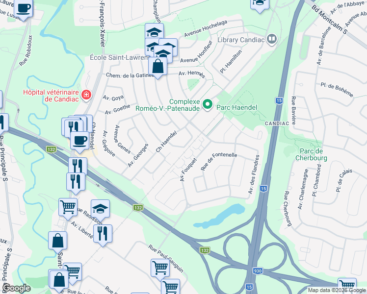 map of restaurants, bars, coffee shops, grocery stores, and more near 2 Place de Guise in Candiac