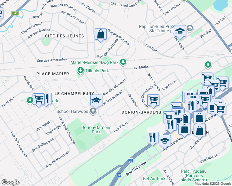map of restaurants, bars, coffee shops, grocery stores, and more near 513 Rue Archambault in Vaudreuil-Dorion