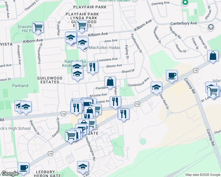 map of restaurants, bars, coffee shops, grocery stores, and more near 1880 Florida Avenue in Ottawa