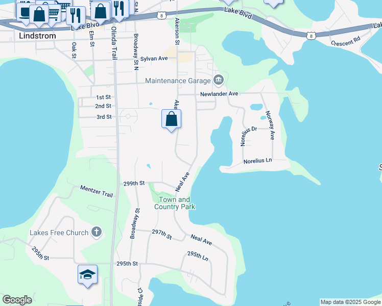 map of restaurants, bars, coffee shops, grocery stores, and more near 13385 Akerson Court in Lindstrom