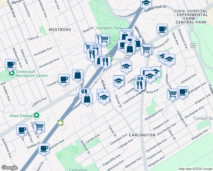 map of restaurants, bars, coffee shops, grocery stores, and more near in Ottawa