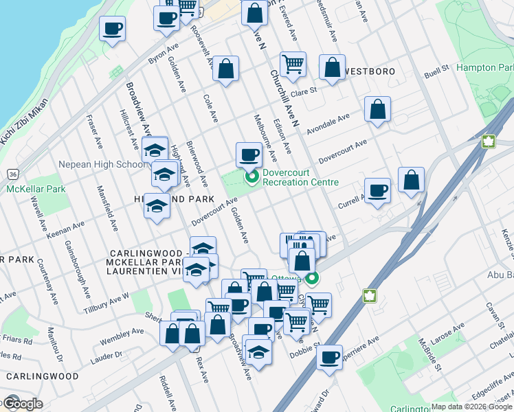map of restaurants, bars, coffee shops, grocery stores, and more near 421 Greenwood Avenue in Ottawa