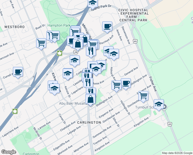 map of restaurants, bars, coffee shops, grocery stores, and more near 250 Anna Avenue in Ottawa